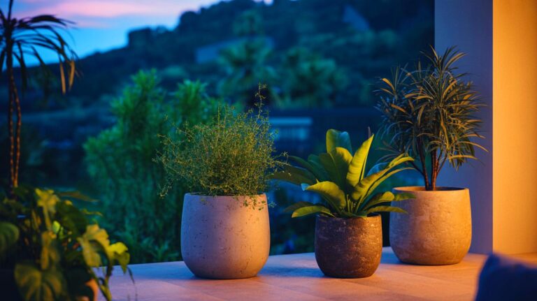 Illustration de trois plantes sur une terrasse utilisées pour éloigner les moustiques naturellement (généré par IA). Credit: Ideogram.