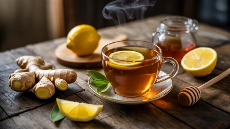 Illustration de la boisson naturelle au gingembre, citron et miel pour soulager rapidement les maux de tête.