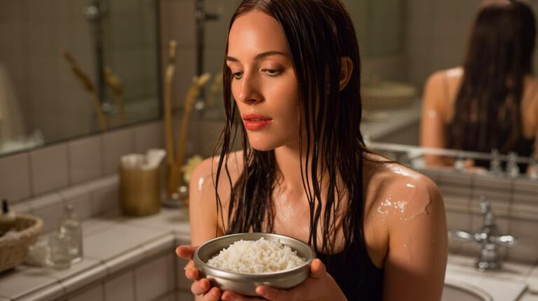 Illustration de l'eau de riz utilisée pour apporter brillance et vitalité aux cheveux ternes.