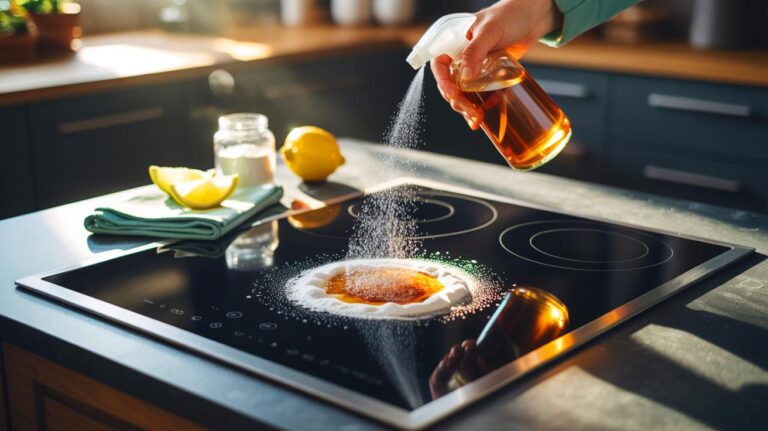 Illustration de l’élimination des taches sur une plaque de cuisson à l’aide d’un mélange naturel vinaigre, bicarbonate et citron, sans gratter
