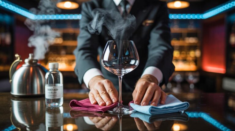 Illustration de la technique de sommelier éliminant les traces sur un verre à vin grâce à l’eau distillée, à la vapeur et à un chiffon microfibre