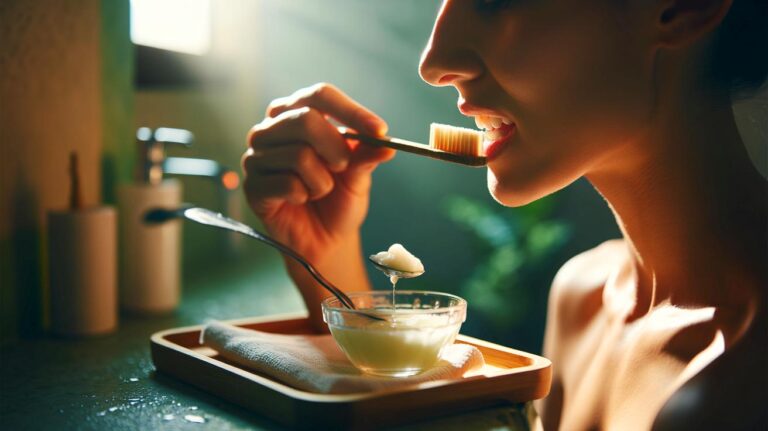 Illustration de l’hygiène bucco-dentaire naturelle sans dentifrice, avec siwak et tirage à l’huile de coco pour limiter le tartre