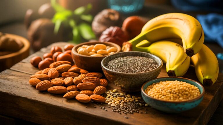 Illustration de boosters d'énergie naturels, tels que bananes et amandes (généré par IA). Credit: Ideogram.