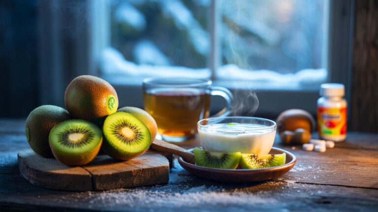 Illustration de kiwis d’hiver, entiers et tranchés, mettant en avant un renforcement de l’immunité supérieur à la vitamine C pure