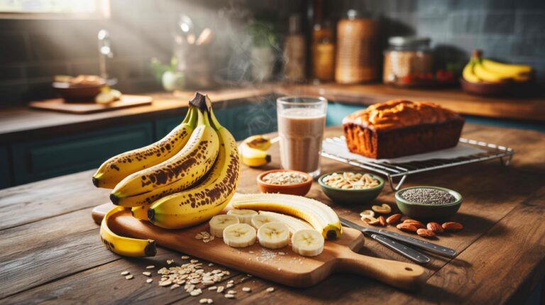 Illustration de bananes trop mûres, peau et chair, riches en fibres et prêtes à être cuisinées pour éviter le gaspillage