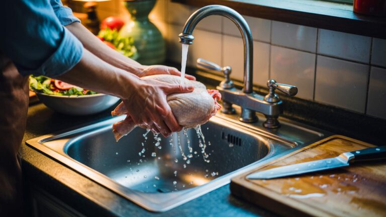 Illustration de rinçage de volaille crue au robinet et éclaboussures propageant des bactéries dans la cuisine