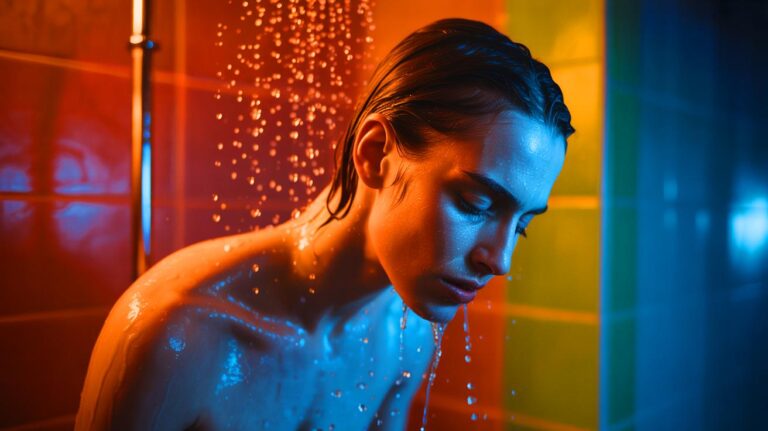 Illustration de l'impact d'un geste quotidien sous la douche sur la santé de la peau (généré par IA). Credit: Ideogram.