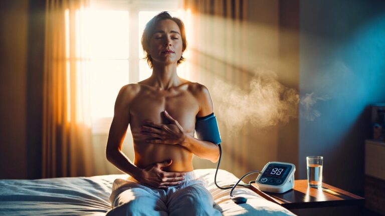 Illustration de [une personne assise au réveil, pratiquant la respiration lente pendant cinq minutes pour stabiliser la tension artérielle]