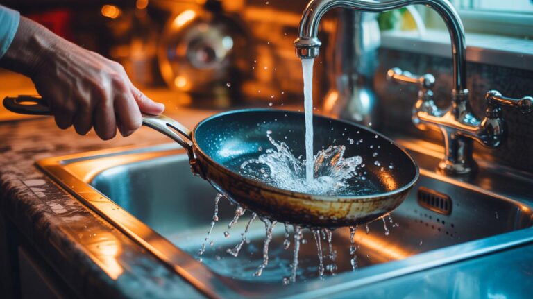 Illustration de rinçage d’une poêle brûlante sous l’eau froide provoquant un choc thermique et la détérioration des ustensiles de cuisine