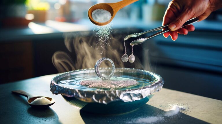 Illustration de l’utilisation d’un mélange ancestral aluminium, bicarbonate et sel pour nettoyer des bijoux en argent sans les abîmer