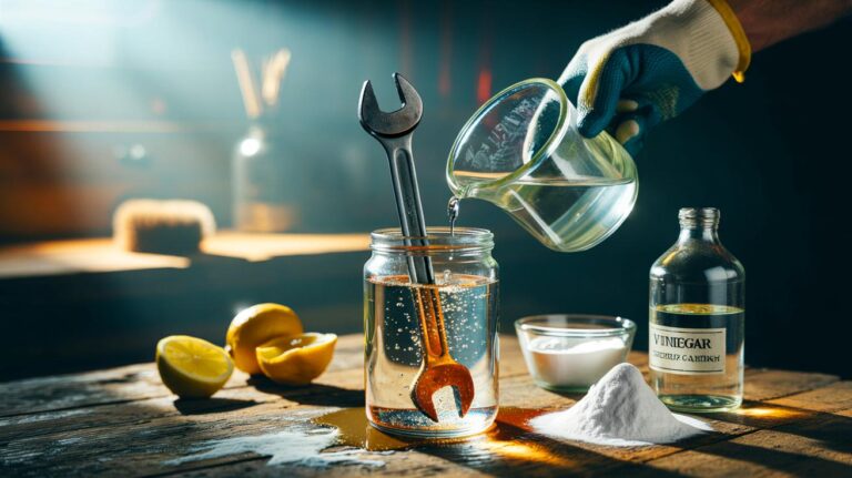 Illustration de la préparation et de l’application d’un mélange maison à base d’acide citrique et de vinaigre pour dissoudre la rouille sans gratter sur un outil en acier