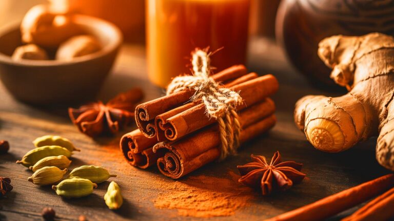 Illustration de trois épices réchauffantes pour l'intérieur en hiver : cannelle, cardamome et gingembre (généré par IA). Credit: Ideogram.