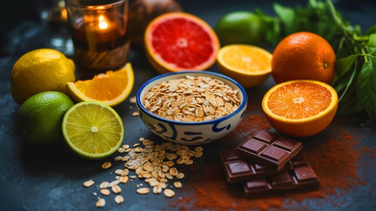 Illustration d'aliments du quotidien énergisants sans caféine, comme l'avoine, les agrumes et le chocolat noir (généré par IA). Credit: Ideogram.