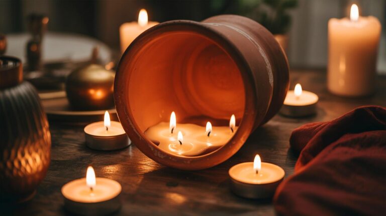 Illustration de l'astuce des bougies chauffantes sous un pot en terre cuite.