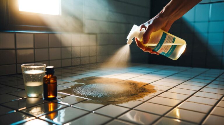 Illustration de l’astuce naturelle au vinaigre blanc et au tea tree pulvérisée sur les joints de la salle de bains pour empêcher le retour de la moisissure