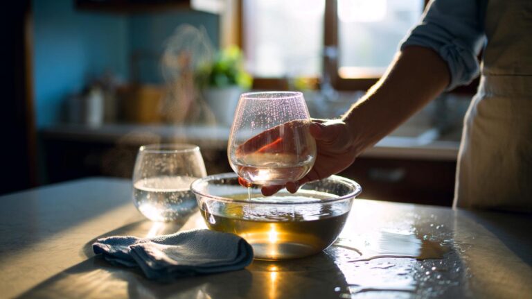 Illustration de verres ternis nettoyés dans un bain de vinaigre blanc pour retrouver leur éclat sans les rayer