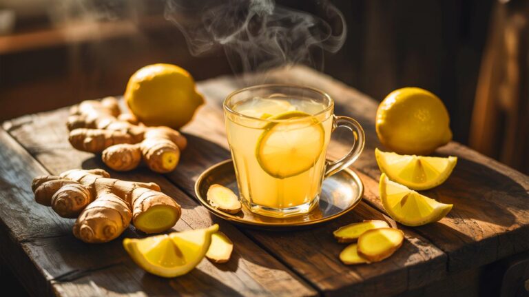 Illustration de la boisson matinale énergisante au gingembre et citron (généré par IA). Credit: Ideogram.
