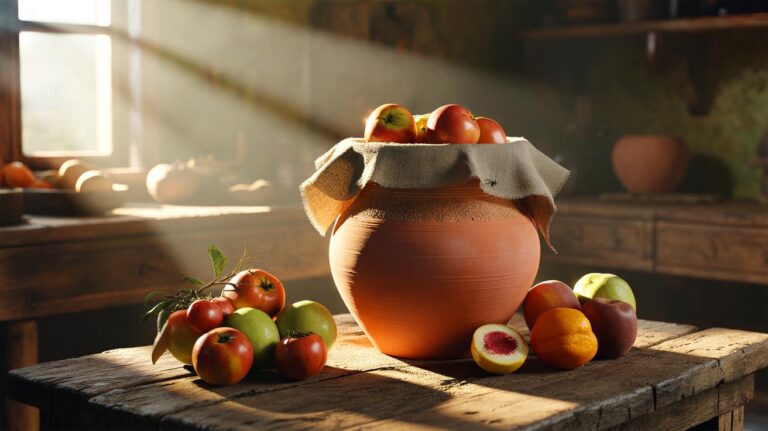 Illustration de la jarre évaporative en terre cuite (pot-in-pot) conservant les fruits frais plus longtemps