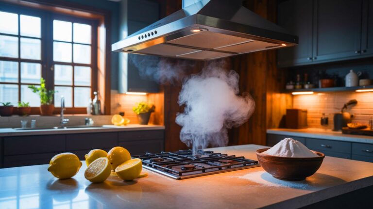 Illustration de l'élimination des odeurs de friture dans la cuisine (généré par IA). Credit: Ideogram.