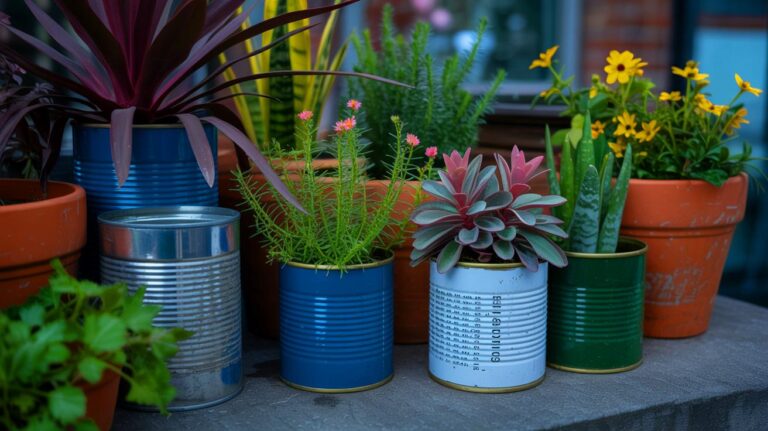 Illustration de pots de fleurs design réalisés à partir de boîtes de conserve recyclées (généré par IA). Credit: Ideogram.