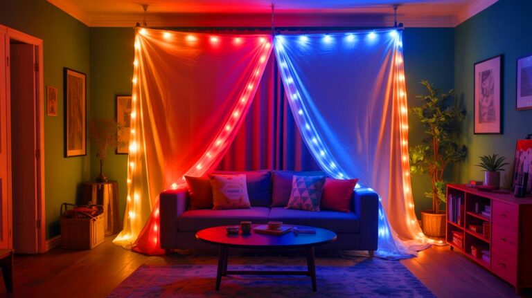 Illustration de la transformation de vieux draps en rideaux lumineux pour un salon cosy (généré par IA). Credit: Ideogram.