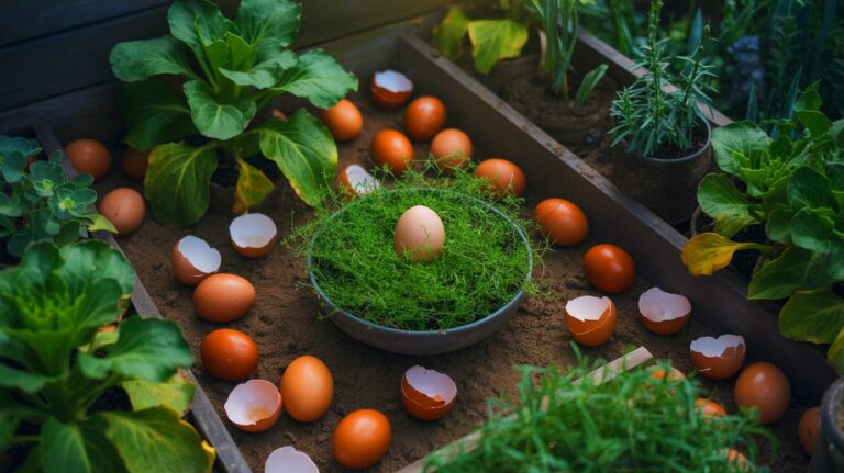 Illustration de l'utilisation des coquilles d'œufs dans le jardinage comme engrais et répulsif naturel (généré par IA). Credit: Ideogram.