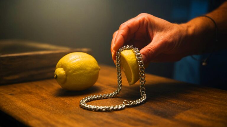 Illustration de l'utilisation du citron pour nettoyer des bijoux ternis (généré par IA). Credit: Ideogram.