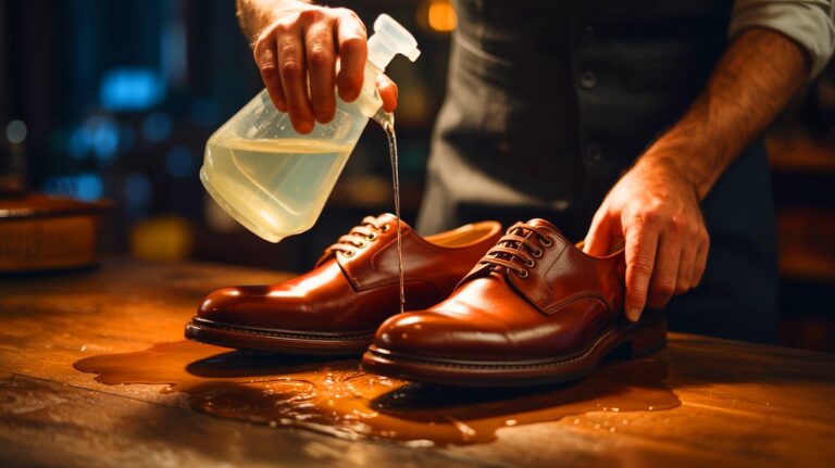 Illustration de l'utilisation du vinaigre blanc pour l'entretien des chaussures (généré par IA). Credit: Ideogram.