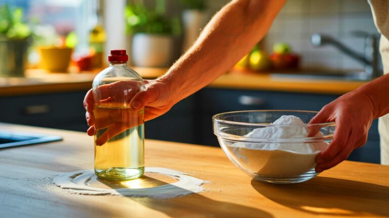 Illustration de l'utilisation de vinaigre blanc et de bicarbonate de soude pour le nettoyage écologique d'une maison (généré par IA). Credit: Ideogram.