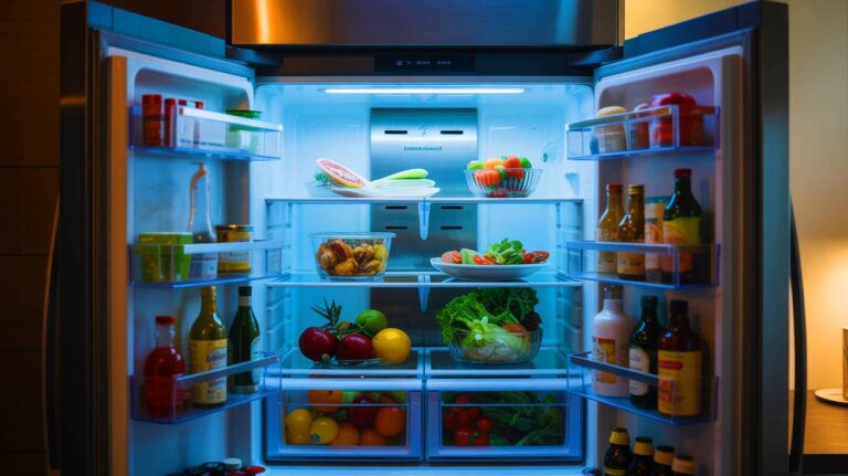 Illustration de l'intérieur d'un réfrigérateur avec des aliments bien rangés et sans odeurs (généré par IA). Credit: Ideogram.