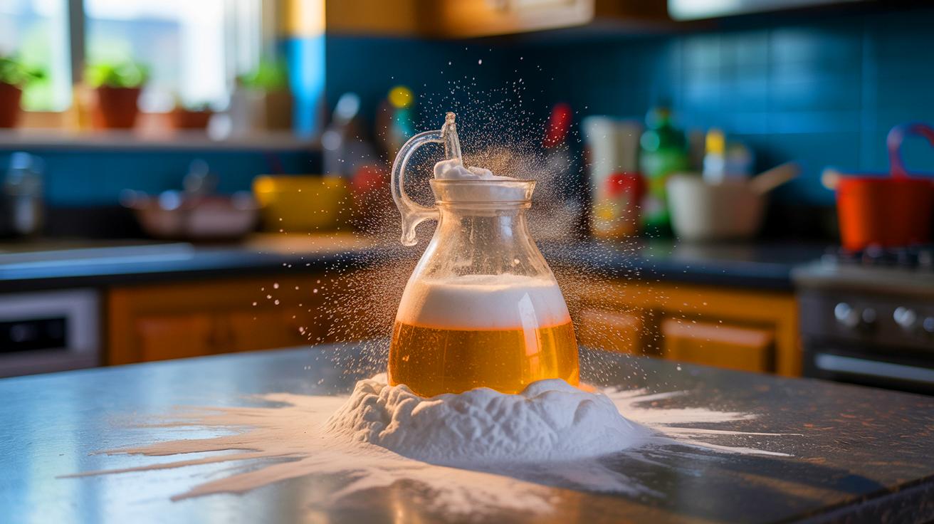 Illustration de l'efficacité du mélange de bicarbonate de soude et de vinaigre blanc pour le nettoyage domestique (généré par IA). Credit: Ideogram.
