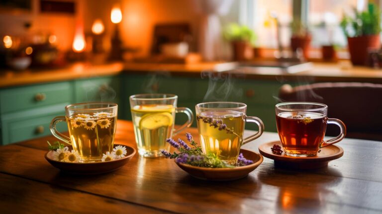 Illustration de quatre infusions maison naturelles pour un sommeil profond (généré par IA). Credit: Ideogram.