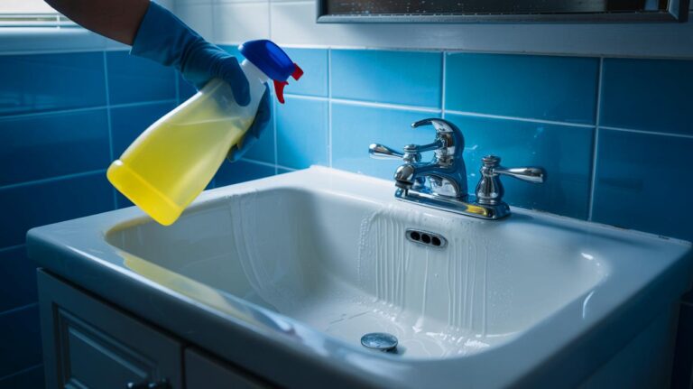 Illustration de l'utilisation du vinaigre blanc et du bicarbonate de soude pour éliminer le calcaire dans la salle de bain