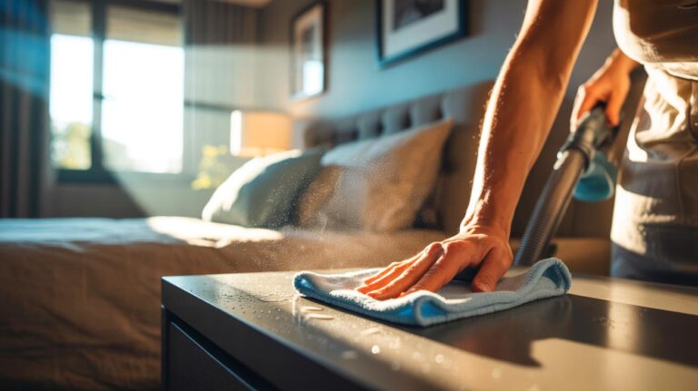 Illustration de l’usage quotidien d’un chiffon en microfibre humide sur les surfaces pour réduire les allergies à la poussière