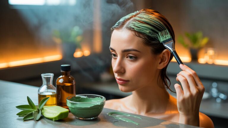 Illustration de l’application d’un remède naturel à base d’argile, d’hydrolat de sauge et de vinaigre de cidre pour réguler le sébum des cheveux gras dès la première application