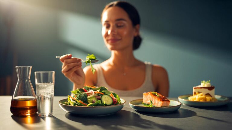 Illustration de l’astuce alimentaire FPV (fibres, protéines, vinaigre) et de l’ordre des aliments pour prévenir les maux de tête après les repas