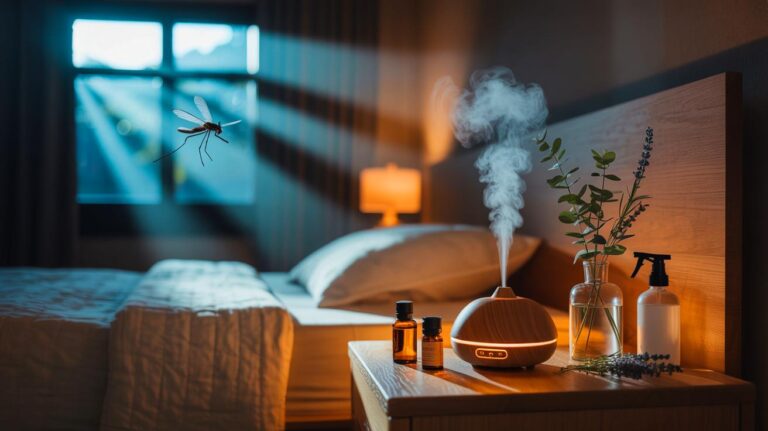 Illustration de diffusion nocturne d’un mélange naturel d’huiles essentielles anti-moustiques dans une chambre