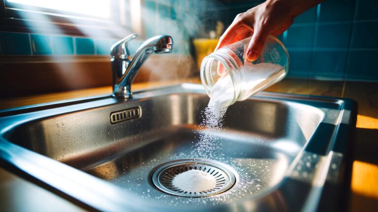 Illustration de l’utilisation du bicarbonate de soude versé dans la bonde de l’évier pour neutraliser en quelques secondes les odeurs d’égout