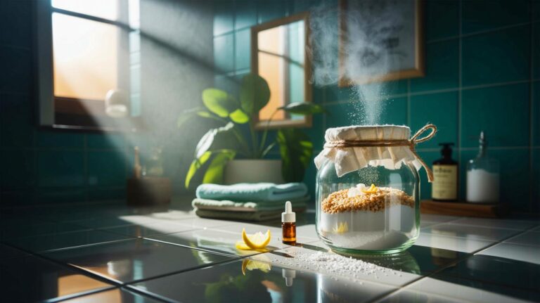 Illustration de l’astuce naturelle au bocal de gros sel et bicarbonate pour purifier la maison des odeurs d’humidité