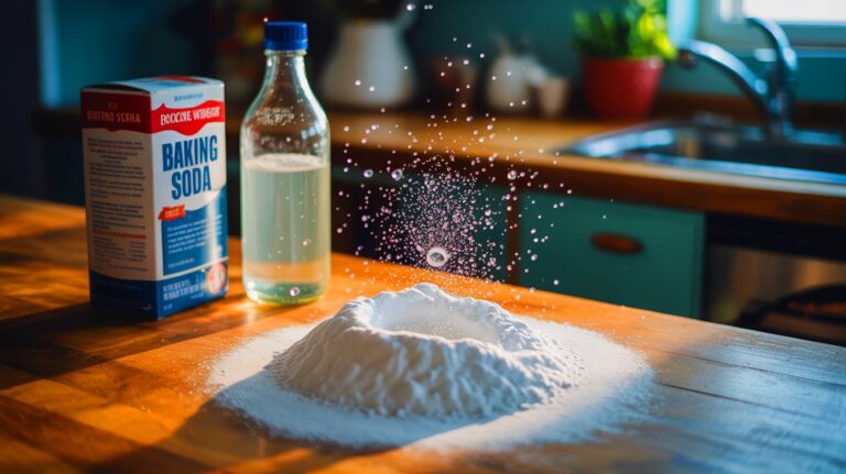 Illustration du mélange de bicarbonate de soude et de vinaigre blanc utilisé pour le nettoyage écologique (généré par IA). Credit: Ideogram.