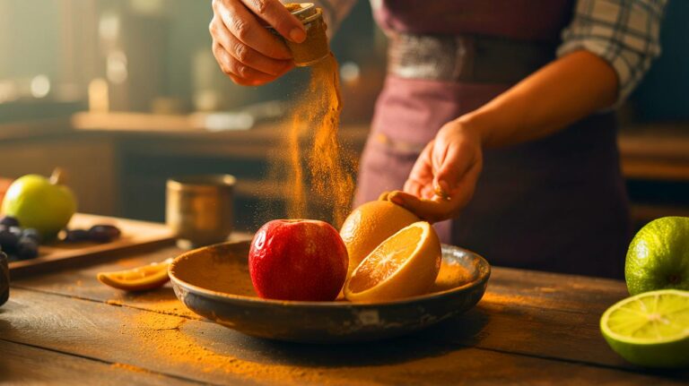 Illustration de fruits frais prolongés par une poudre magique (généré par IA). Credit: Ideogram.