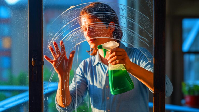 Illustration de nettoyage écologique des vitres avec un mélange maison de vinaigre et d'eau (généré par IA). Credit: Ideogram.