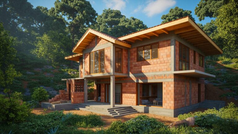 Illustration de la construction d'une maison écologique avec des matériaux durables et une orientation stratégique (généré par IA). Credit: Ideogram.