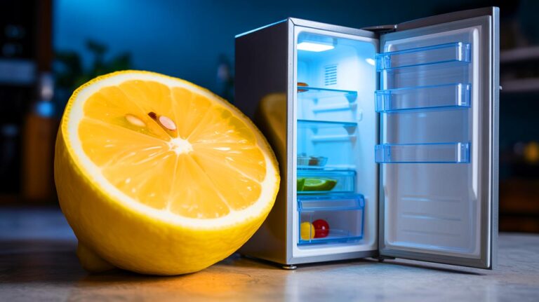 Illustration de l'utilisation du citron pour nettoyer un réfrigérateur (généré par IA). Credit: Ideogram.