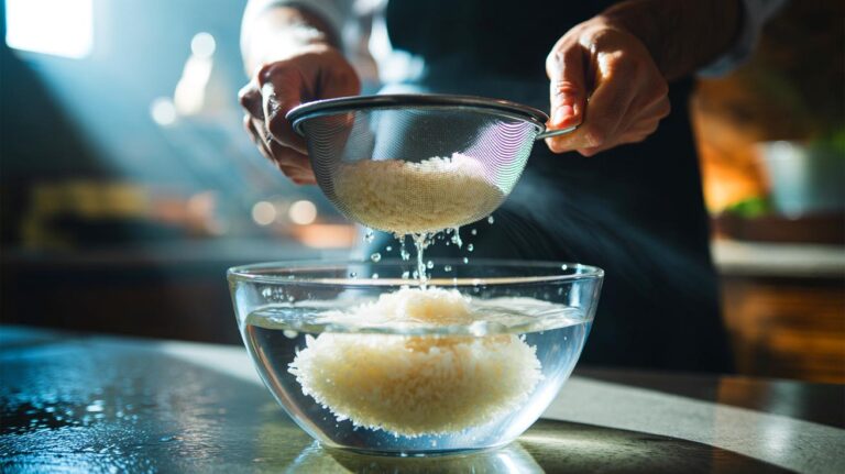 Illustration de la meilleure manière de laver le riz : trois rinçages à l’eau froide avec vortex doux et égouttage en passoire fine