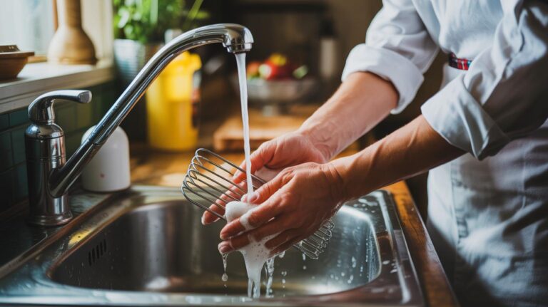 Illustration de la prévention des intoxications alimentaires en cuisine par des gestes sécuritaires.