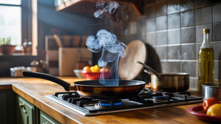 Illustration de l'émission de substances dangereuses par certains types de poêles lors de la cuisson.