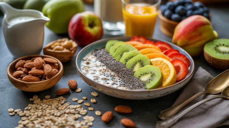 Illustration de la réduction du cholestérol grâce à un petit-déjeuner équilibré et naturel.