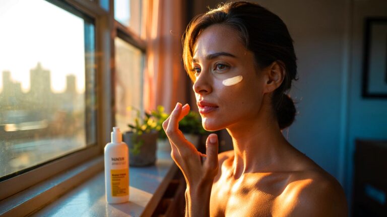 Illustration de l’application matinale de crème solaire pour ralentir le vieillissement de la peau