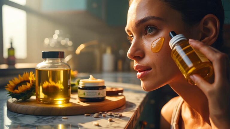 Illustration de l’huile de tournesol de cuisine utilisée en soin cutané, comparée à une crème coûteuse